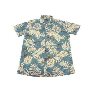 Tropical Storm Mens Blue Hawaiian‎ Shirt Large Palm Leaf Outrigger Canoe Print